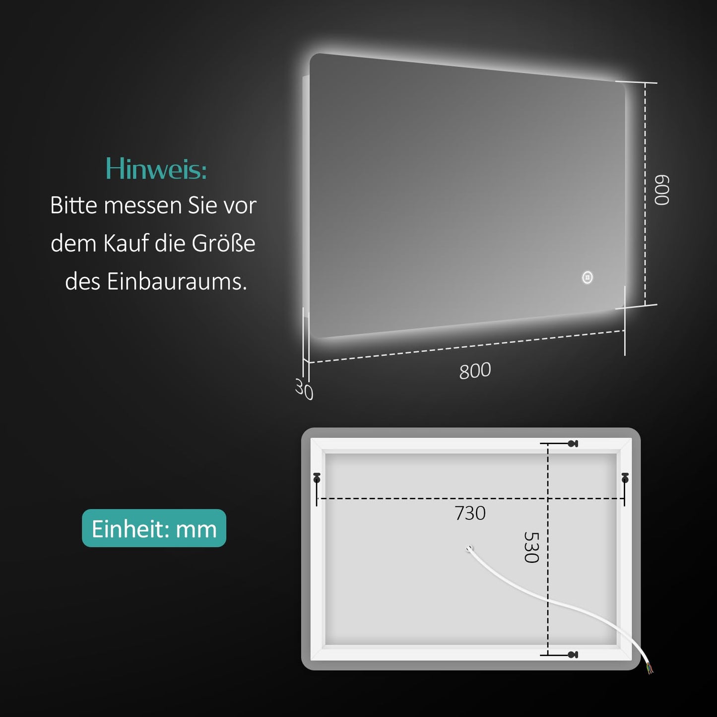 EMKE bathroom mirror with lighting 80x60cm with touch, anti-fog, adjustable brightness, memory function, cool white 6500K energy-saving bathroom mirror with lighting