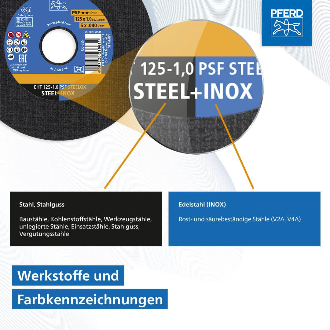 Horse cutting discs in handy metal tin, 10 pieces, 125 x 1.0 x 22.23 mm, straight, PSF STEELOX (22.23 mm), 69121091- for steel and stainless steel (INOX) with high cutting performance and good service life.