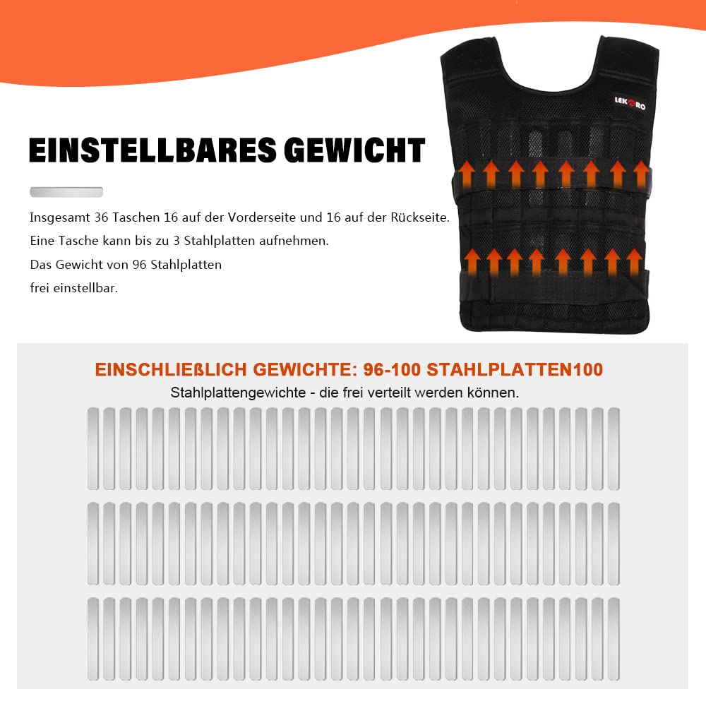 Adjustable 20 kg weight vest, workout weight vest, fitness weight jacket, for men and women (Includes 96 steel plate weights)