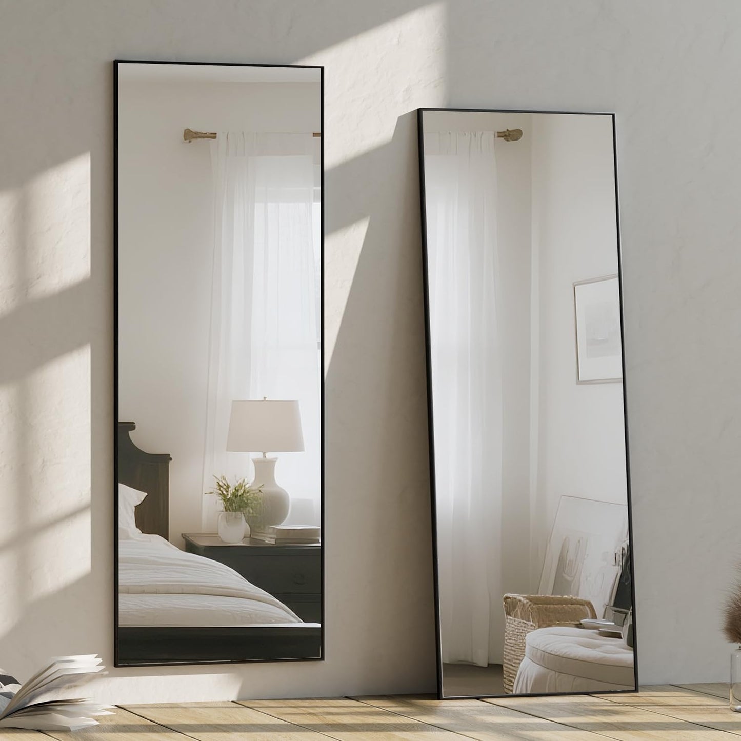 Koonmi full-body mirror, 41x127cm wall mirror with 2 adjustable hanging hooks, hanging mirror with aluminum alloy frame for wardrobe and bedroom, black