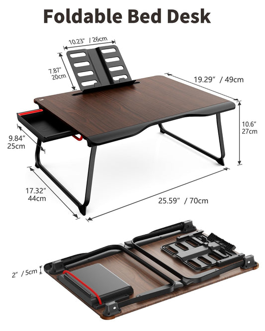 Laptop table for bed, SAIJI XXL folding bed table, for studying, eating, working, sofa, bed, with drawer, hand rest book stand, tablet phone stand (Black)