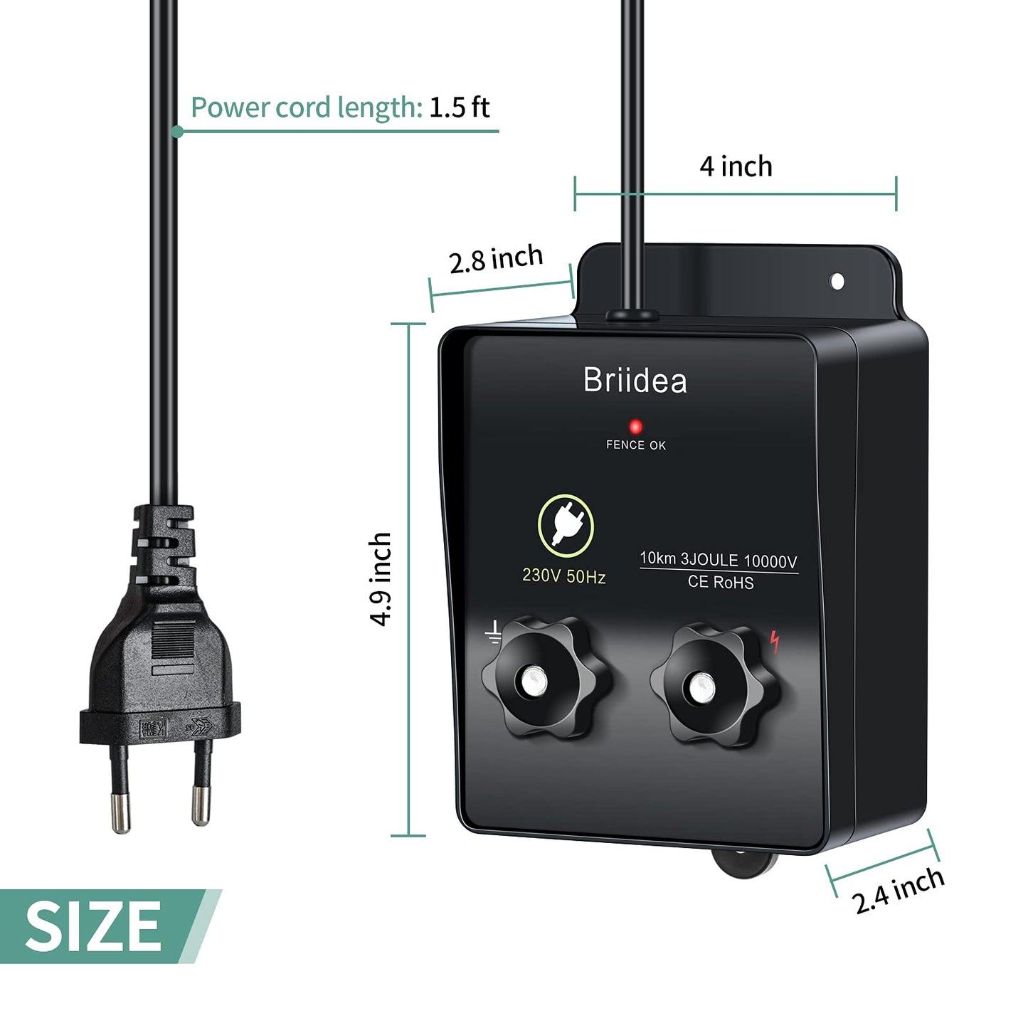230V electric fence energizer, Briidea 6.2 miles electric fence energizer for dog fence, livestock fence, squirrel, used for gardens, chicken coops, Easy installation, 3 Joules