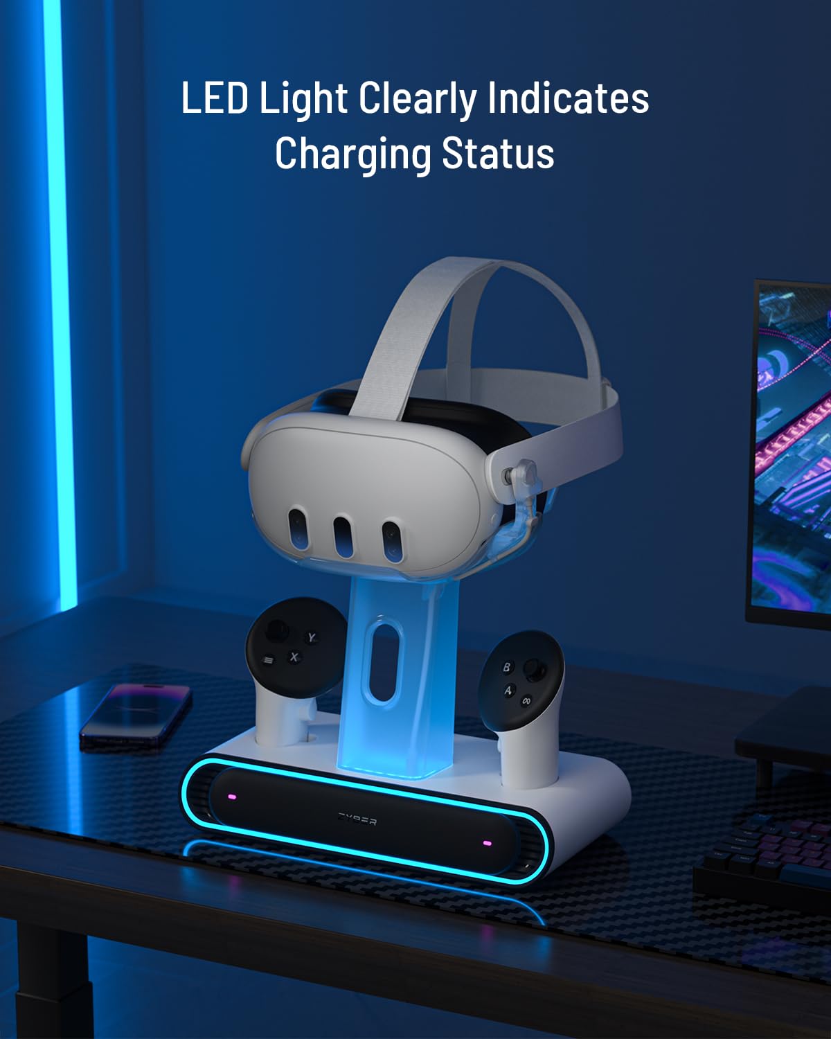 ZYBER RGB charging station for Meta Quest 3 accessories, fast charging dock with 2 rechargeable batteries for Oculus Quest 3, VR headset stand & controller holder