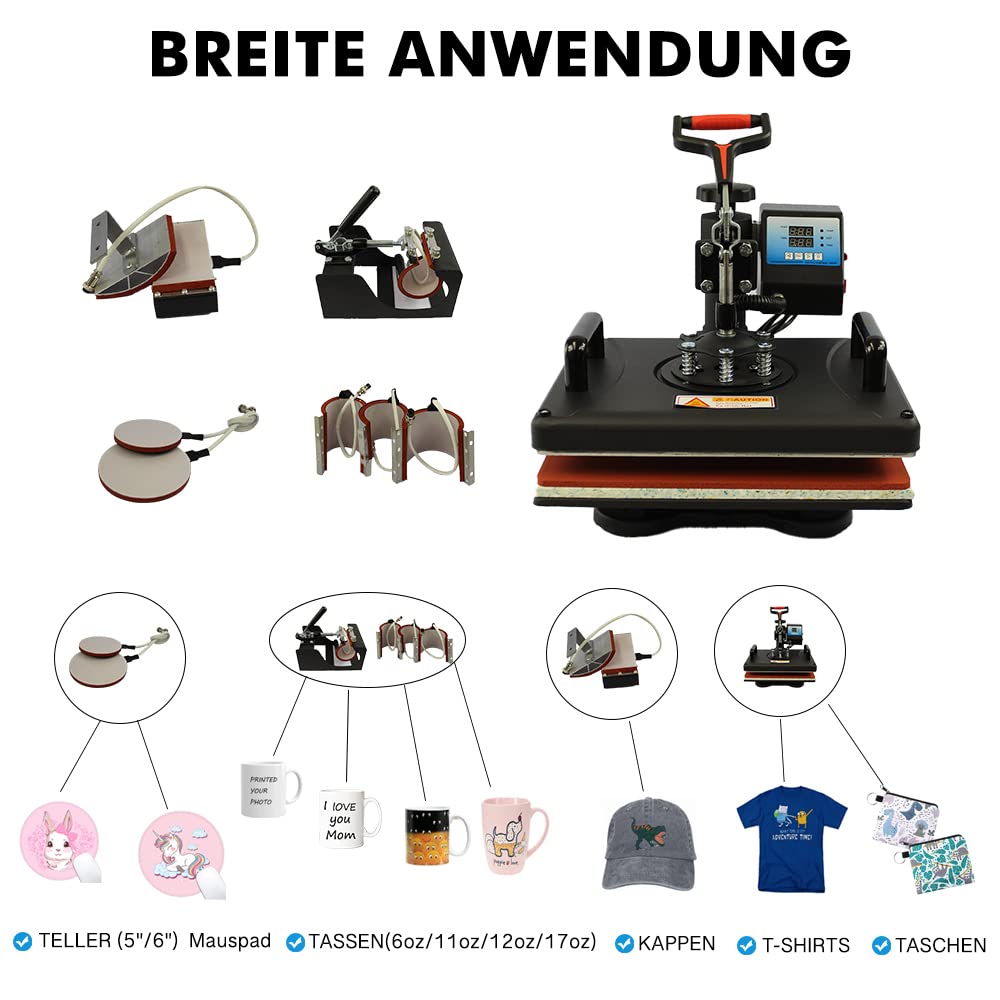 5 in 1 Heat Press Machine 38x30cm with 1000W power. The T-shirt heat press can rotate 360 degrees, ideal for DIY projects. It features a double digital display for easy operation. Great for sublimation and heat transfer printing.