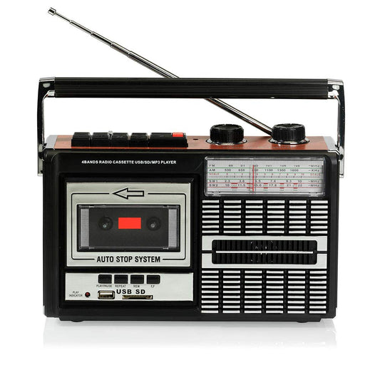 Ricatech PR85-80s cassette recorder, AM/FM/SW radio, USB, SD card slot, built-in microphone, auto stop, portable, 1x8 watt built-in speakers, headphone jack.