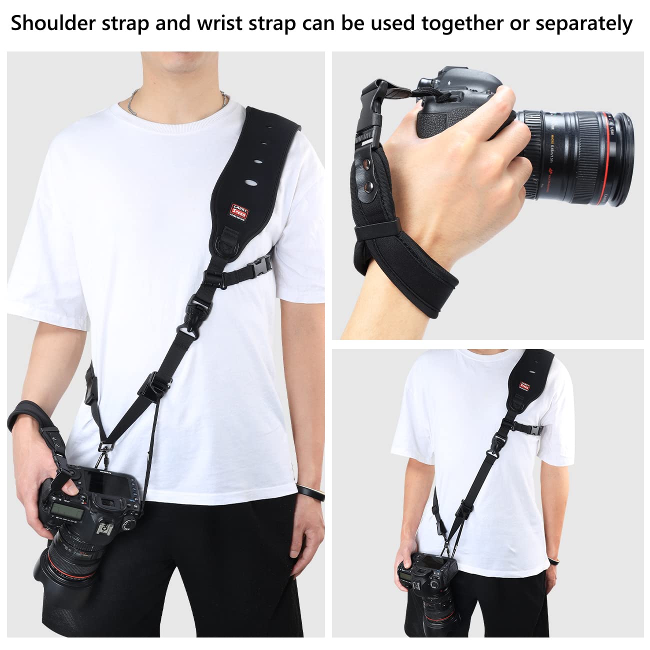 Airminti Camera Shoulder Strap and Hand Strap Set, secondary protection, adjustable, quick release, neoprene, black, camera strap for camera, camcorder with 1/4 inch tripod thread.