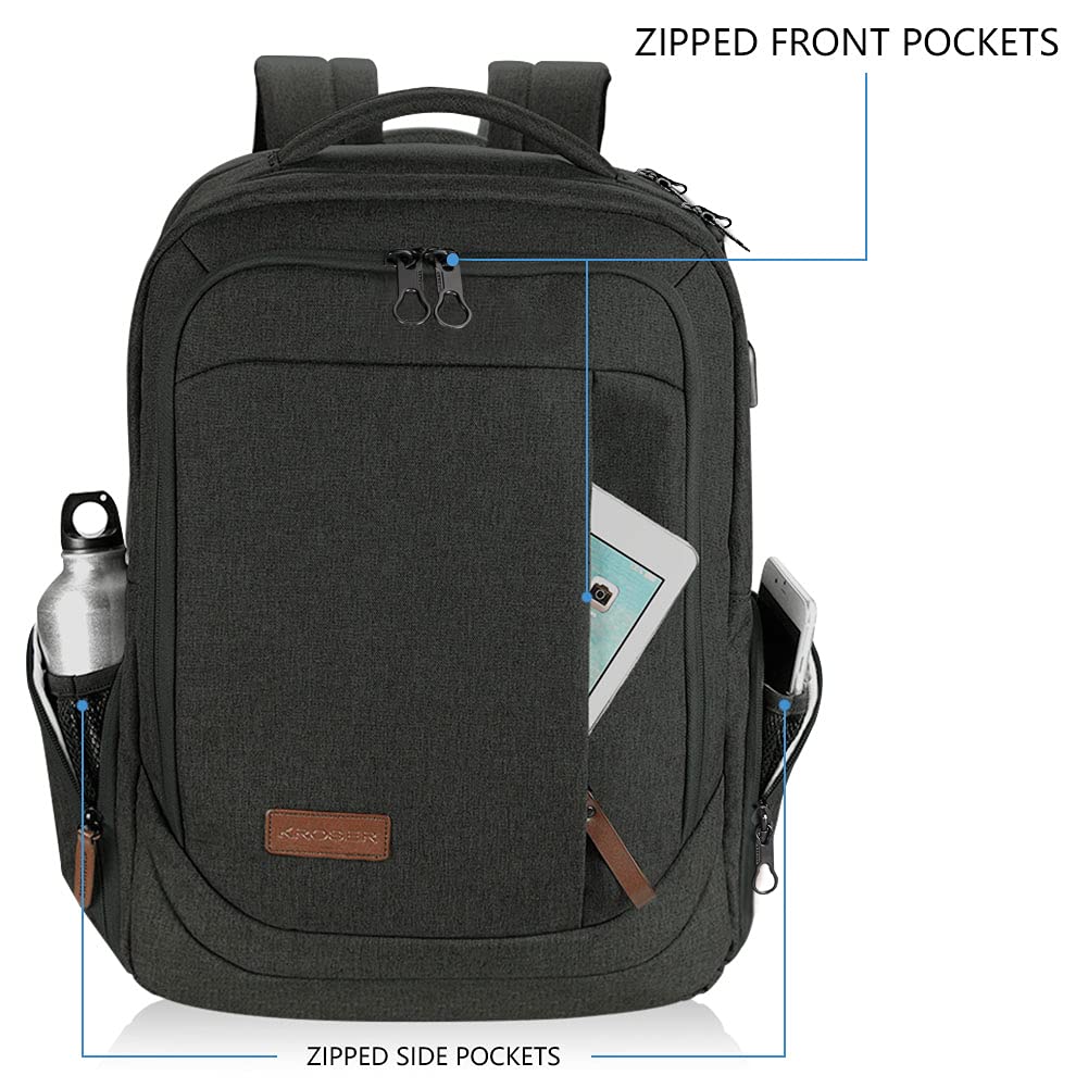 KROSER Laptop Backpack 17.3 Inch Carry-on Daypack Water-Resistant Multifunctional Laptop Bag for Business/Travel/Women/Men-Black