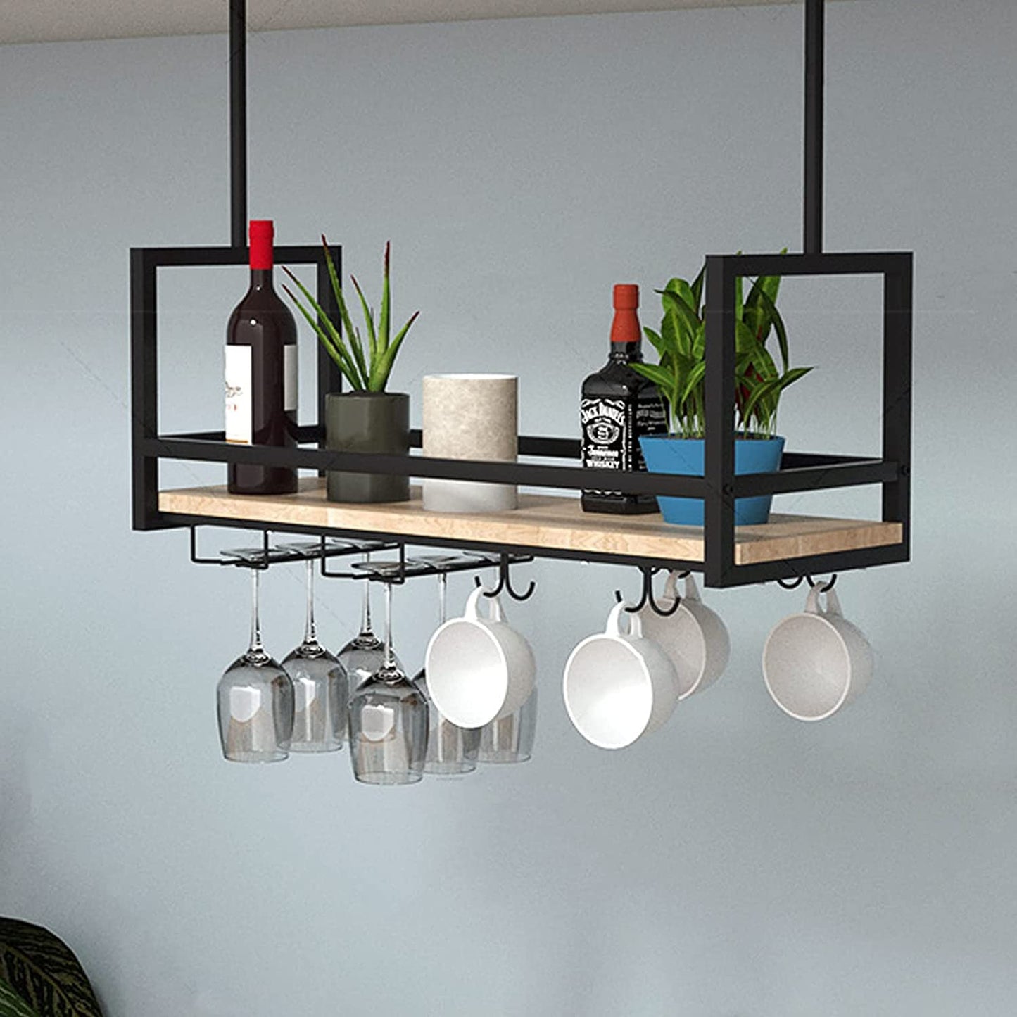 DSVONAUS Ceiling Wine Rack, Hanging Wine Glass Rack made of Metal, 140cm Bar Display Wine Storage Holder, Industrial Ceiling Rack Hanging for Bar Restaurant Cafe Kitchen