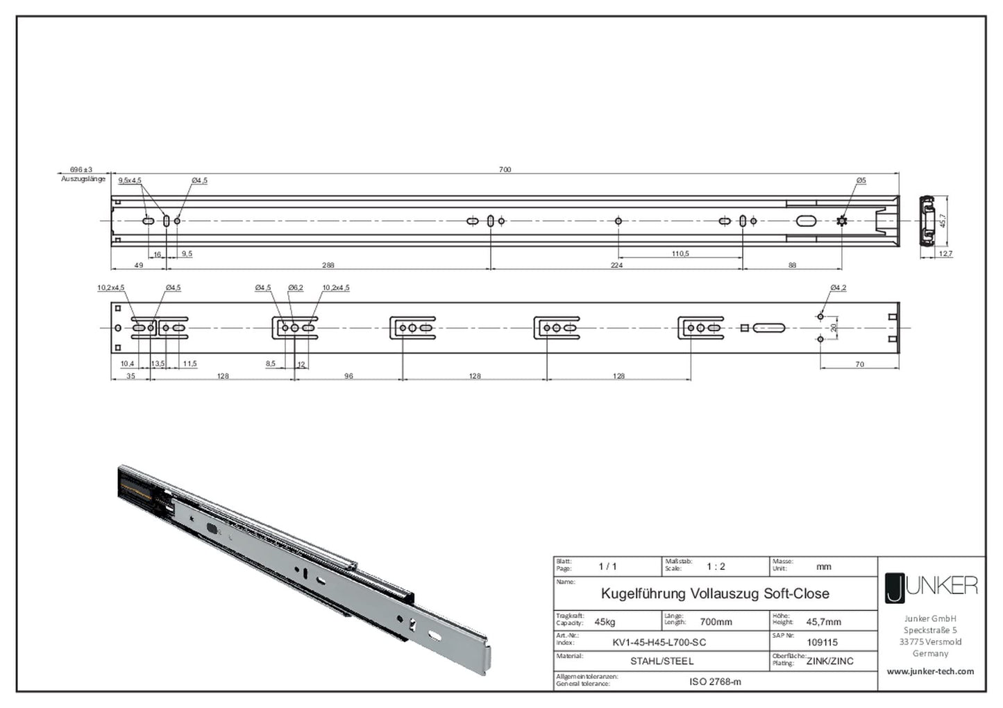 Junker 2 pairs of full extension KV1-45-H45-L700-SC 700mm with automatic closing and damping (SoftClose) telescopic slides with 45kg load capacity.
