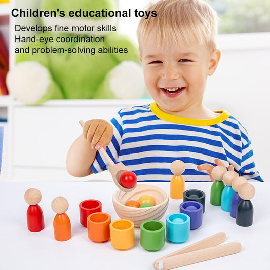 PKKP Montessori toy for ages 1+, wooden sorting stacking toy with 7 rainbow wooden balls in cups, preschool baby toy for color sorting and counting, gift for ages 2+