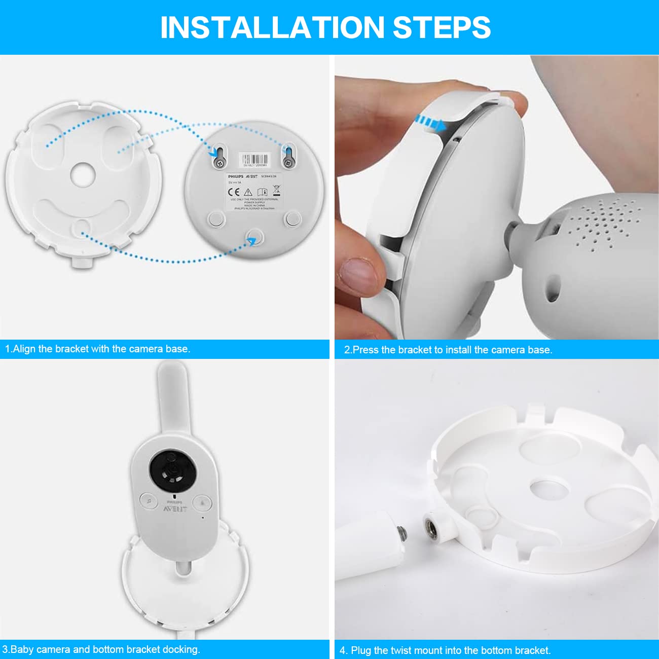 Monitor holder for Philips Avent baby monitors SCD843/26, SCD833/26, SCD891/26, SCD630/26. Flexible clip holder for Philips Avent video baby monitor, video baby camera mount stand.