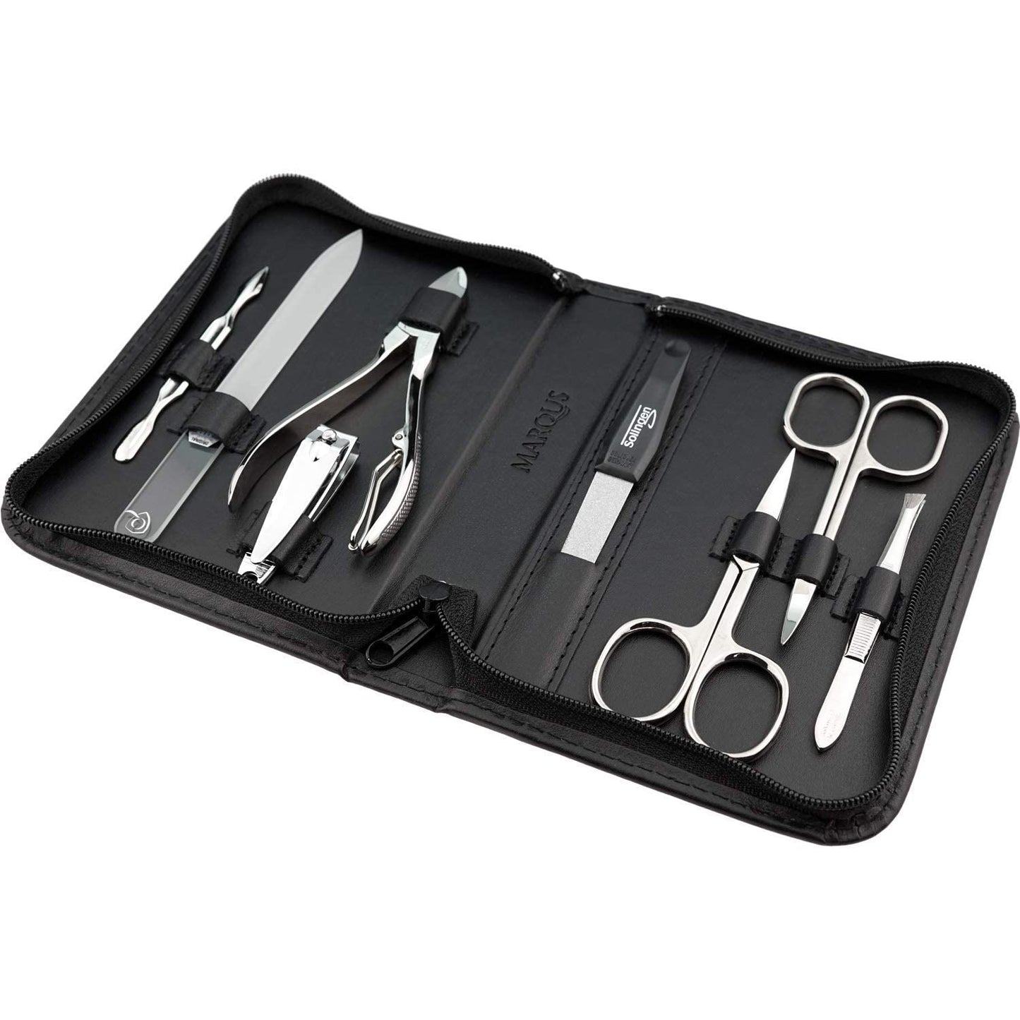 MarQus Solingen Manicure Set with Nail Clippers and Glass Nail File 8 pieces - Nail set in high-quality leather case - Complete kit for women and men, Black