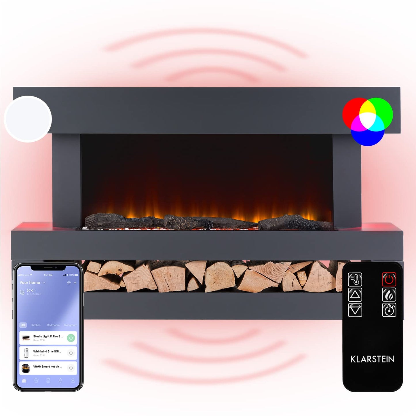 Klarstein decorative fireplace with LED flames, electric fireplace with heating, 2000W electric fireplace, energy-efficient electric fireplace, wall fireplace with remote control & timer, electric fireplaces with MDF housing.