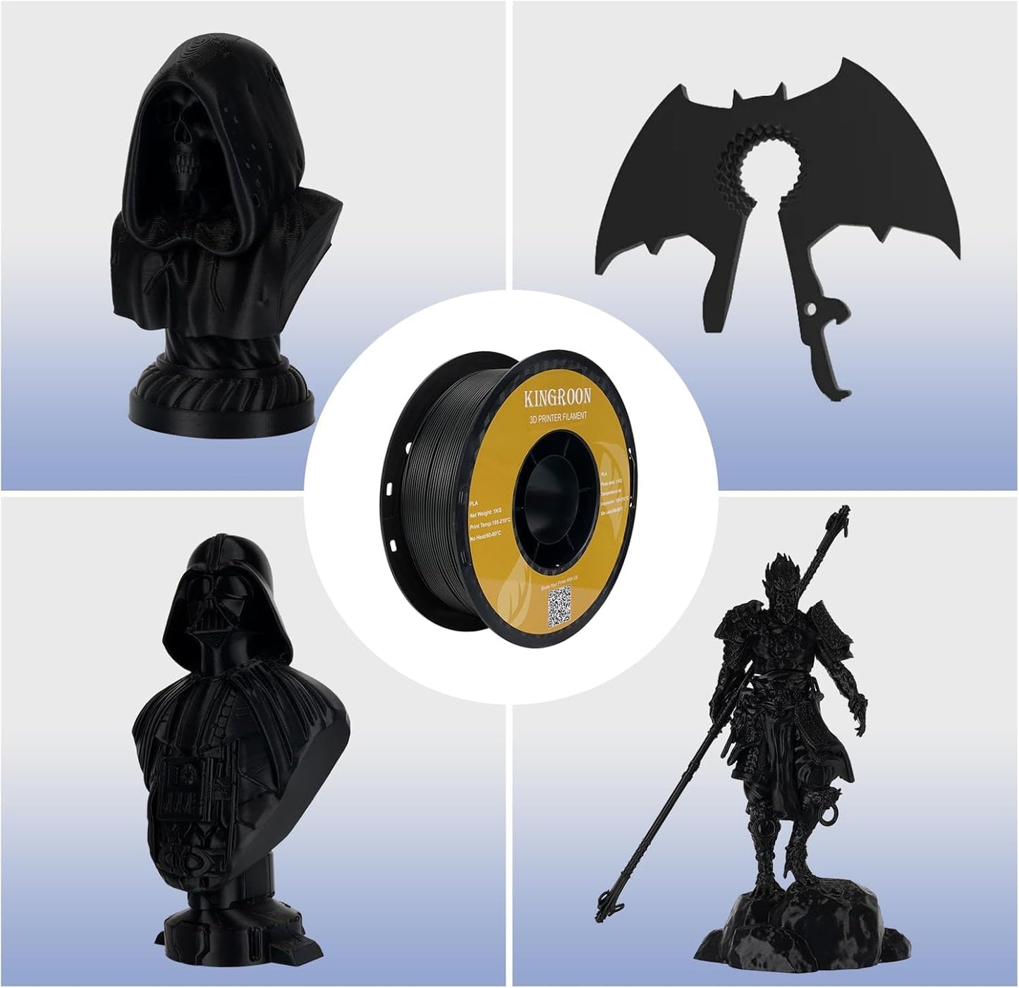 kingroon 3D Printer Filament PLA 3D printer filament, made of polylactic acid, available in black and white.