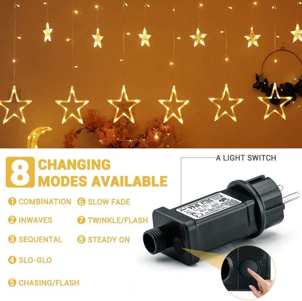Avoalre curtain lights with 12 stars, 2 meters long, 138 LED star curtain lights can be expanded (up to 21 sets), star curtain lights for windows Christmas decoration, 8 modes warm white string lights.