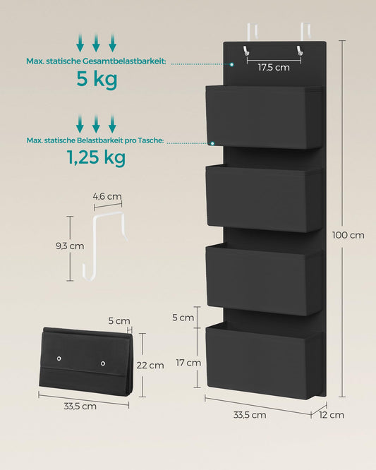 SONGMICS Hanging Organizer with 4 Pockets, Hanging Shelf, 2-Pack Closet Organizer, Hanging Storage, Door Organizer, Bedroom Living Room, 12 x 33.5 x 100 cm, Ink Black RDH004B02