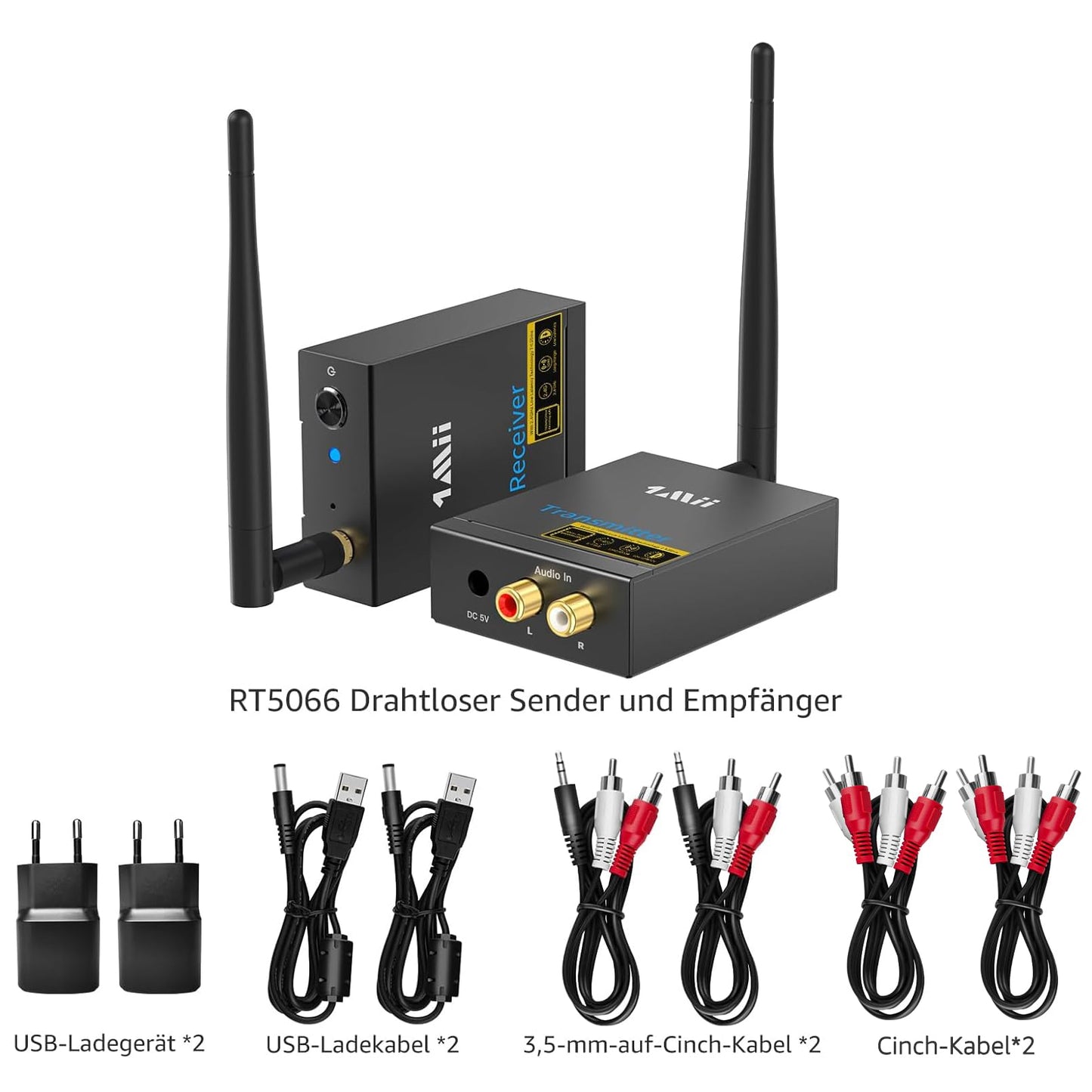 1Mii Wireless Audio Transmitter Receiver, 2.4G Long Range Kit with Low Latency for HiFi Music from TV/PC to Active Speakers/Stereo/Subwoofer/CD, RCA Output/Input 320ft.