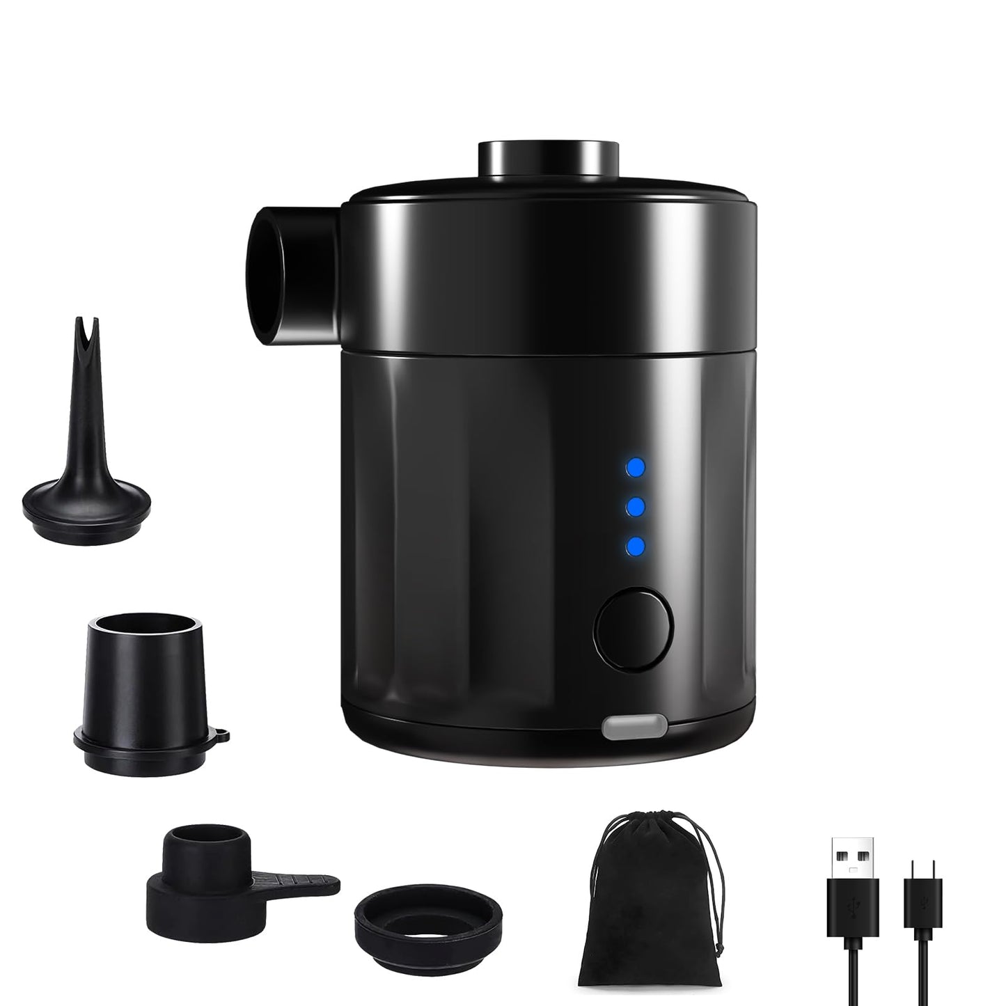 Mojimdo Portable Electric Air Pump, 5000 Pa Pump Battery, 450L/Min, Compact Air Pump with 4 Nozzles, for Camping, Air Mattress, Swim Ring, Air Cushion, Inflatable Boat, Vacuum Bag.