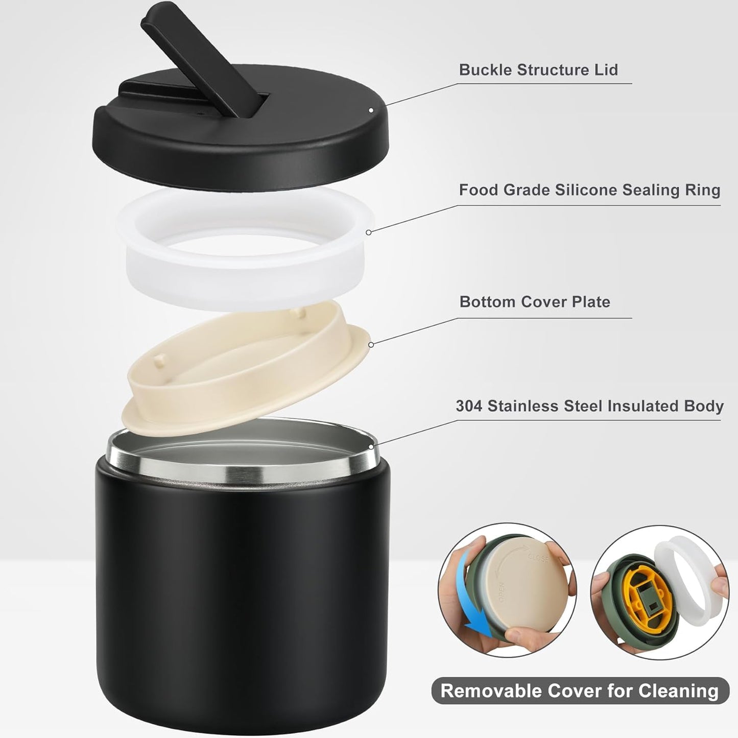 Itslife 560ml stainless steel insulated food jar with buckle cover, wide mouth design, suitable for cold & hot food, leak-proof lunch container for kids, in black.