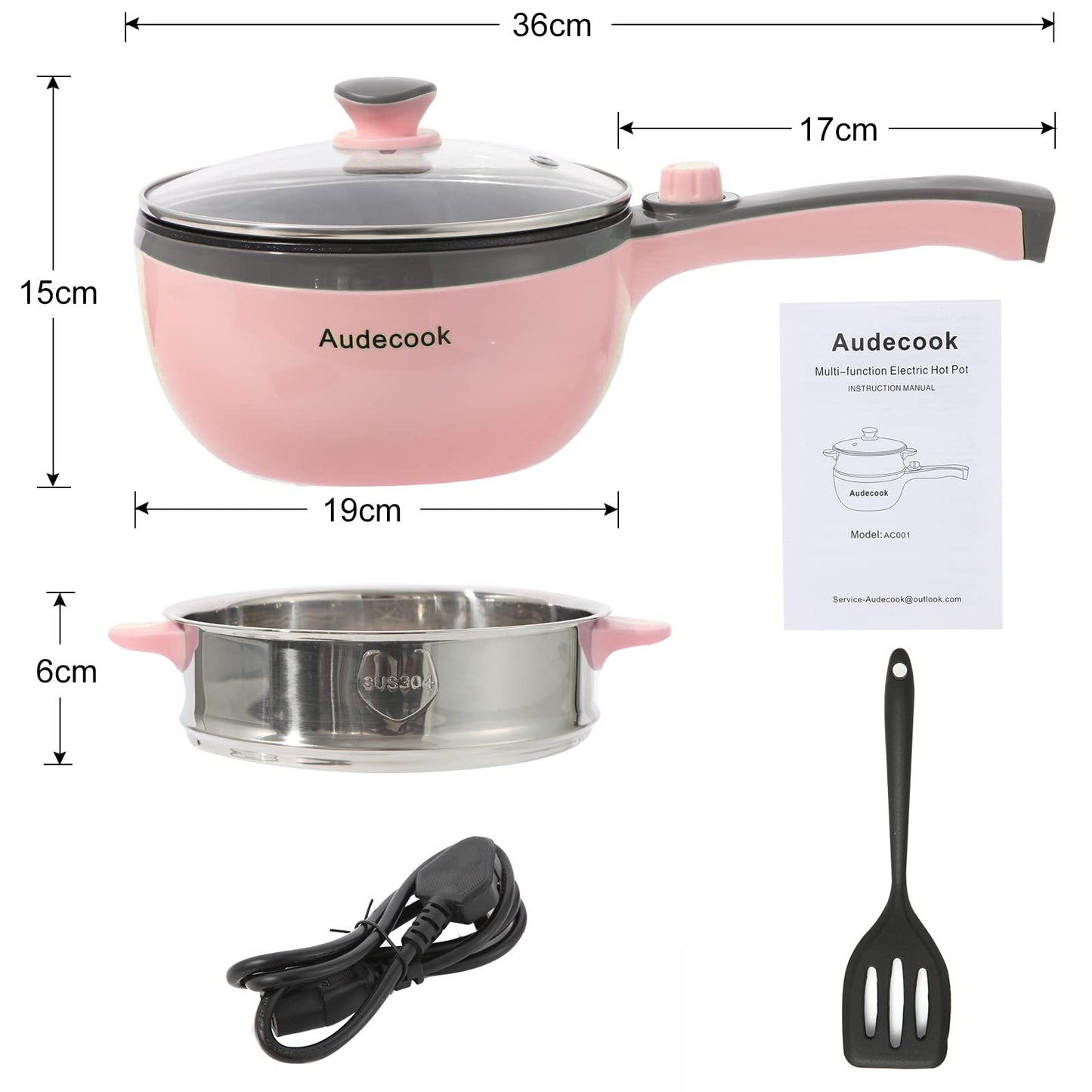 Audecook Electric Hot Pot with Steamer, 1.5 L/20cm Electric Frying Pan Hotpot Pot Non-Stick Mini Electric Skillet, Multicooker for Dorm Ramen, Steak (C (pink/1.5l with steamer))
