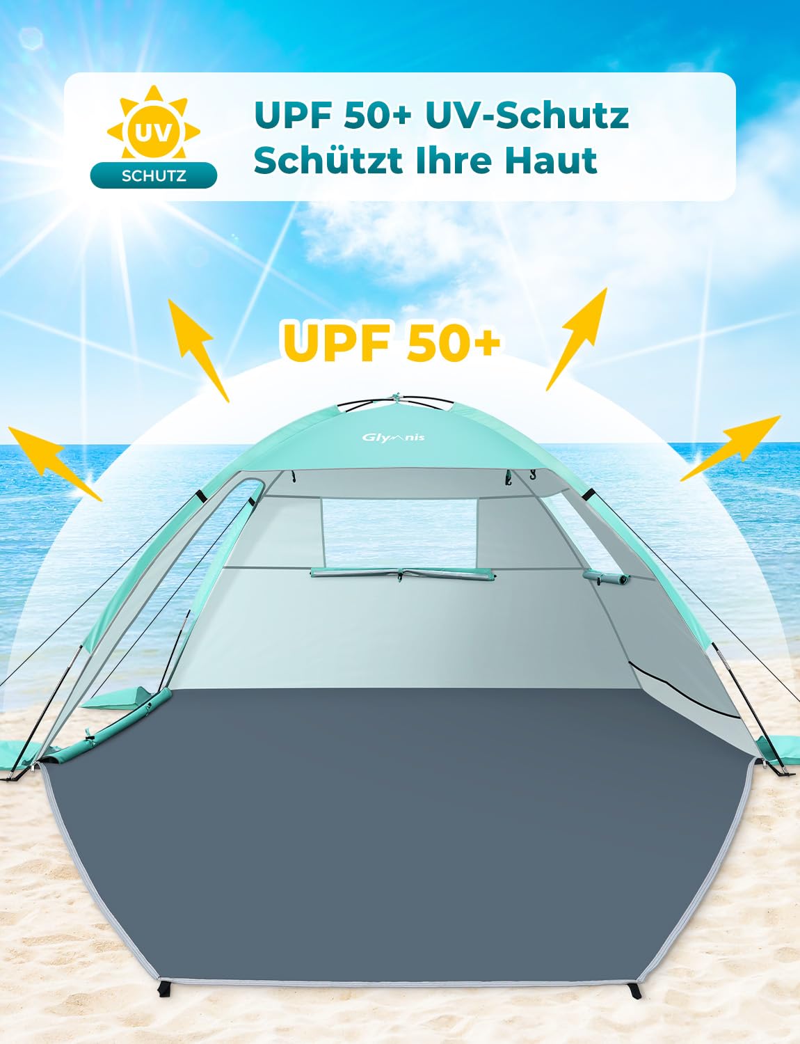 Glymnis beach tent with 2 zippered doors, UV protection UPF50+, windproof, compact size for 2-3 people.