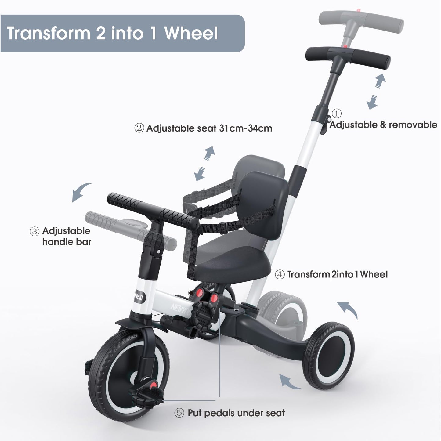 newyoo 5 in 1 balance bike tricycle, suitable for 1 year olds with push handle, for kids aged 1-3 years, bike for children up to 25kg including removable pedals and adjustable seat, white