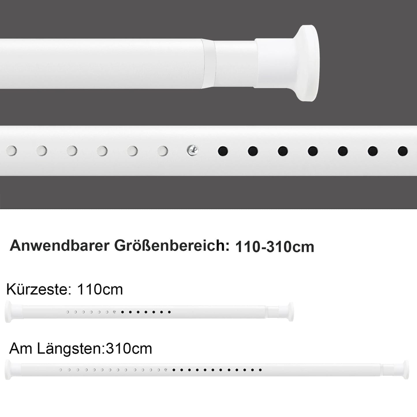 GOLDION Curtain Rod Multi-functional Telescopic Rod without Drilling 110-310cm Matte White Extendable Clamp Curtain Rod - Extra Long Telescopic Rod - for Room Divider, Curtain, and Balcony