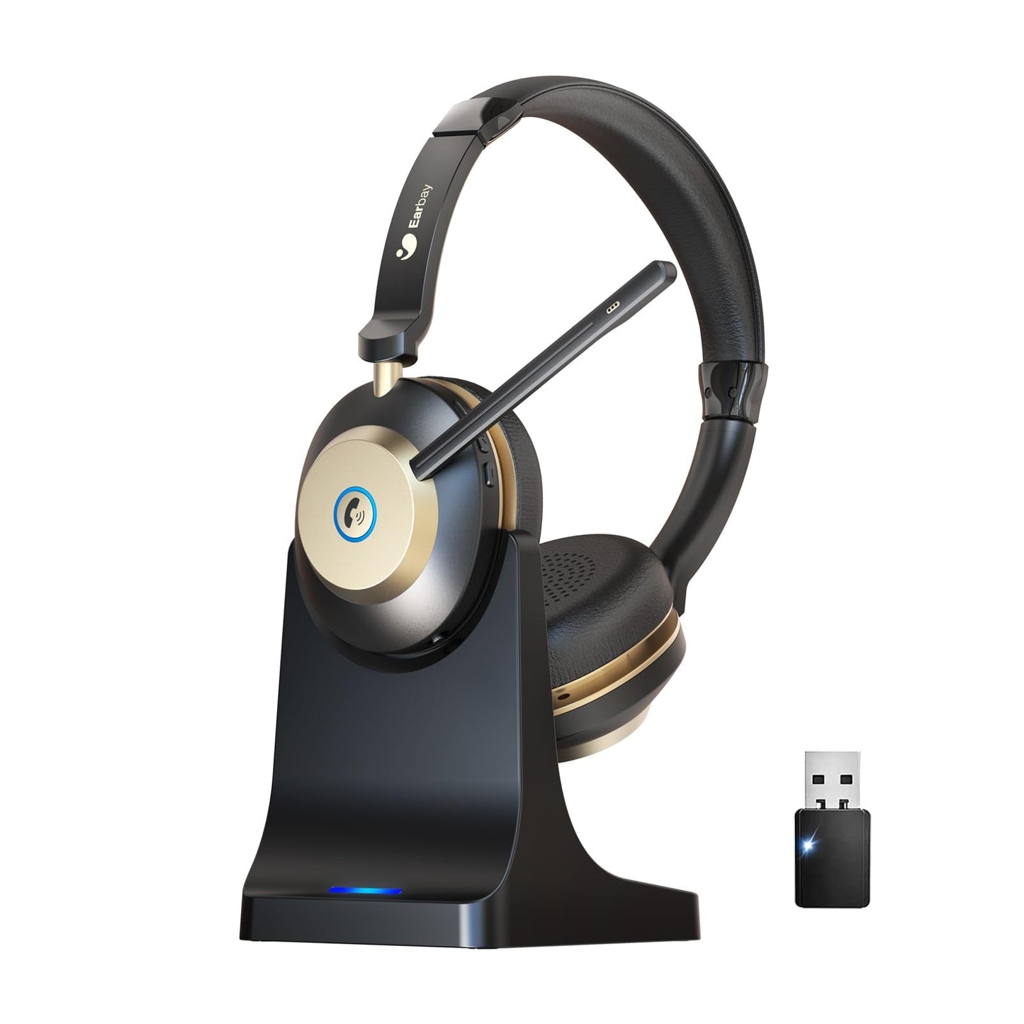 Earbay Wireless headset, Bluetooth headset with microphone noise cancellation & USB dongle, wireless with microphone mute & charging dock for computer/office/phone/call center/home/office