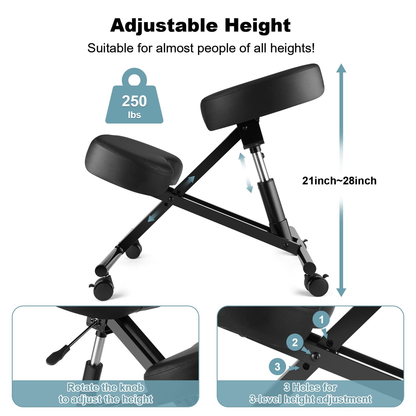 COOCHEER Knee Chair Ergonomic, Adjustable Chair for Office Home, PU Leather Office Stool with Knee Rest to Improve Posture, Desk Chair with Wheels, 3" Cushion