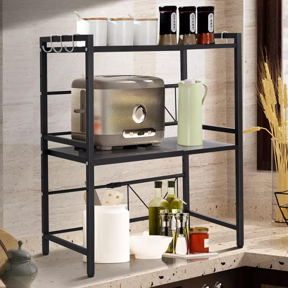 Pull-Out Microwave Shelf, Kitchen Shelf Holder, Microwave, Extendable, with 3 Levels, Made of Carbon Steel, with 3 Hooks (3 Levels, Black)
