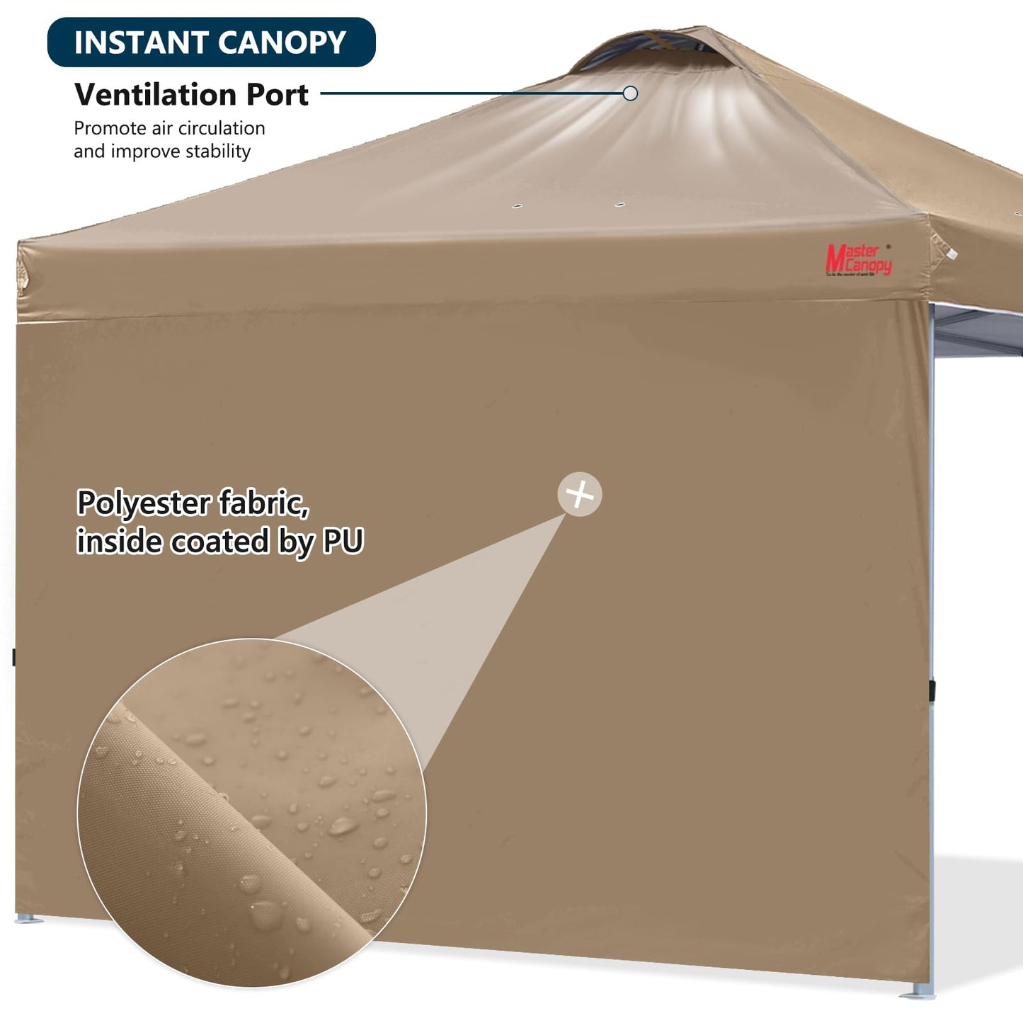 MASTERCANOPY 2.5 x 2.5m Pop-up Canopy Folding Tent with Vent & 1 Sidewall for Market, Garden, Events, Khaki