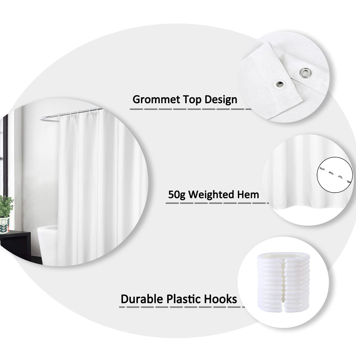 Flax Linen 240GSM Heavyweight Wide Fabric Shower Curtain for Bathroom with Hooks Hotel Luxury Washable, White, 180x213 cm.