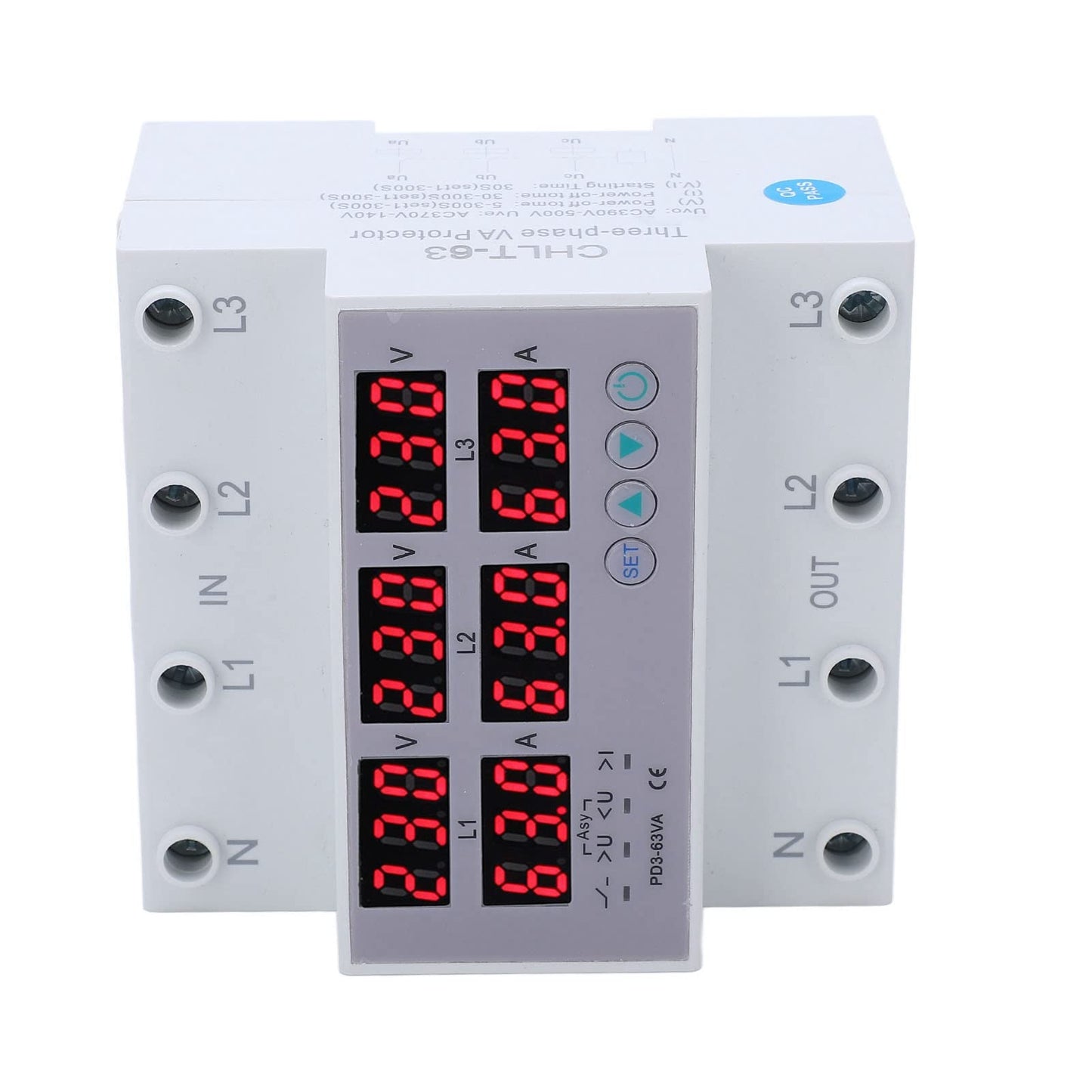 3-phase DIN rail voltmeter-ammeter multitester, AC 390-500V automatic overvoltage-overcurrent protection (63A)