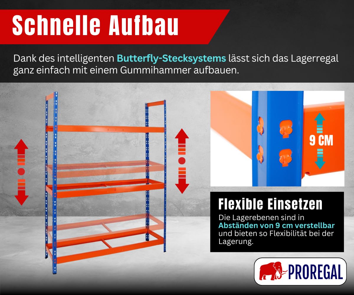 PROREGAL Tire Rack Tiger XL | HxWxD 200x150x45 cm | 300kg shelf load | up to 18 tires (205/55 R16) | Blue/Orange | Workshop Shelf, Storage Shelf, Basement Shelf