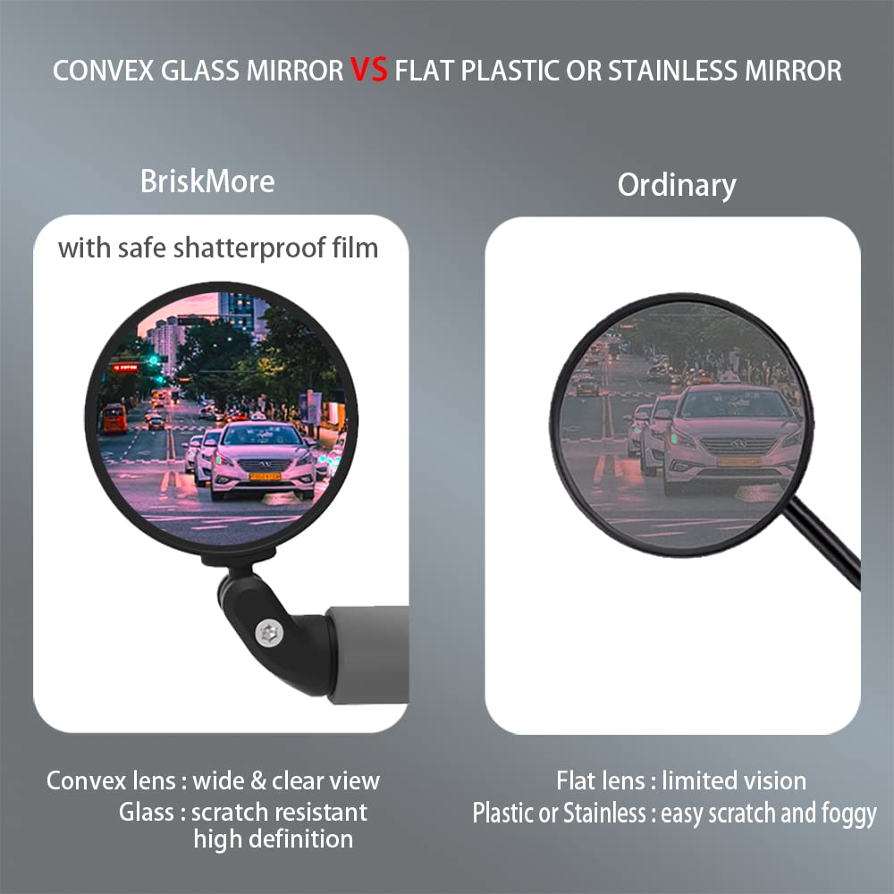 BriskMore Bike Mirrors, HD Glass, Convex Lens, 2 Pieces, Safer Rearview Mirror, Adjustable Handlebar, Wider View, Bike Mirrors for Scooters, Racing Bikes, Mountain Bikes.