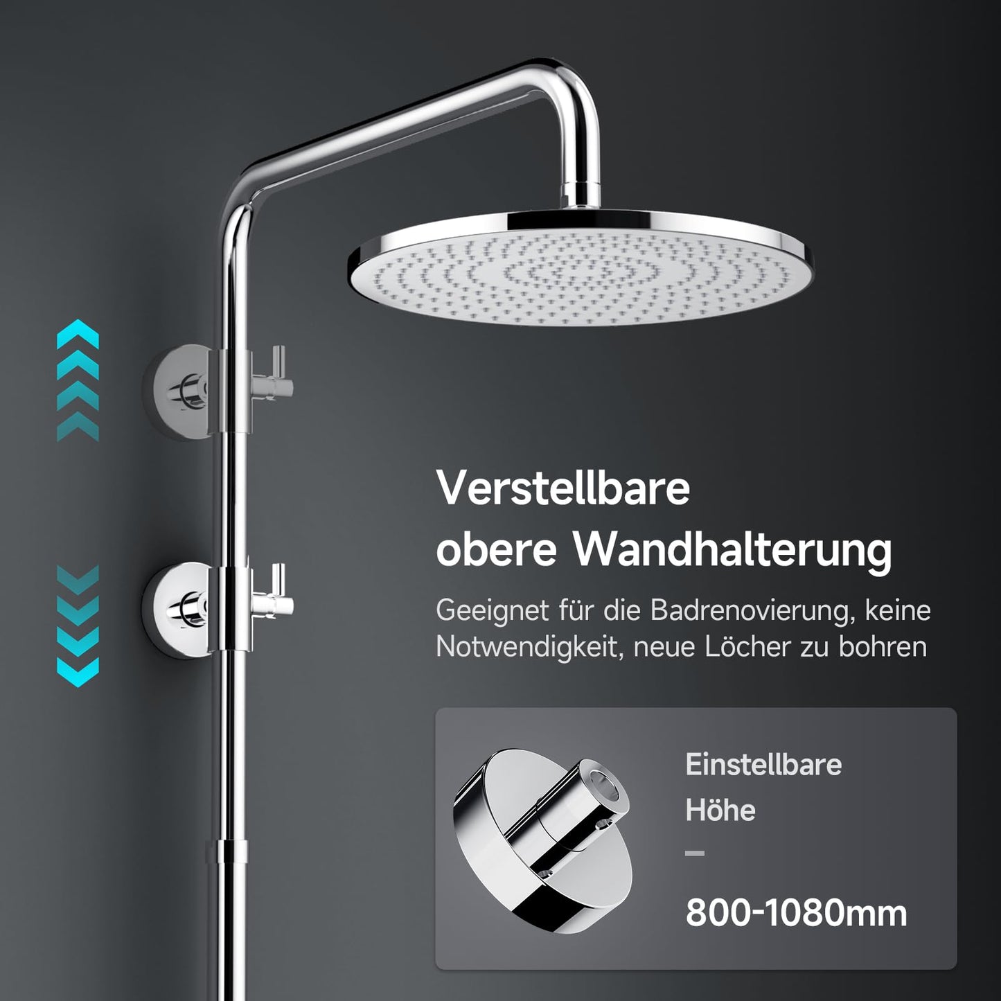 Rainsworth rain shower without fittings Chrome, 25 cm round rain shower and 3 spray modes shower head, shower system, shower column shower set for shower