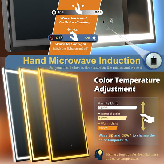 GANPE LED sensor mirror, hand wave induction vanity mirror with Bluetooth, illuminated dimmable anti-fog IP44 waterproof + vertical & horizontal bathroom wall mounted mirror (60 x 80 cm)