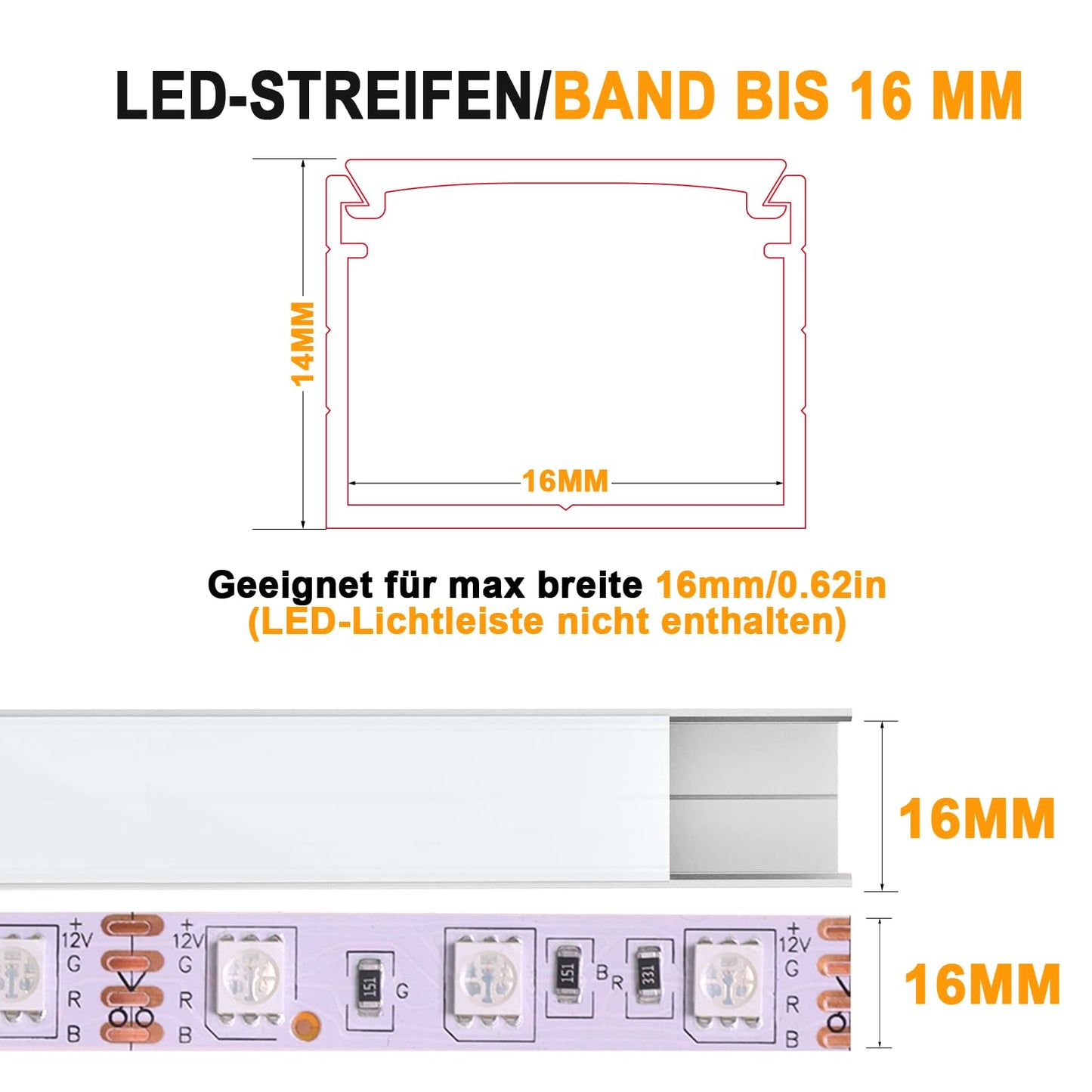 Angdarun LED Profile Aluminum 6 Pack, LED Profile for Width up to 16mm Stripe/Strip, Aluminum Profile 1m/3.3ft for LED Channel