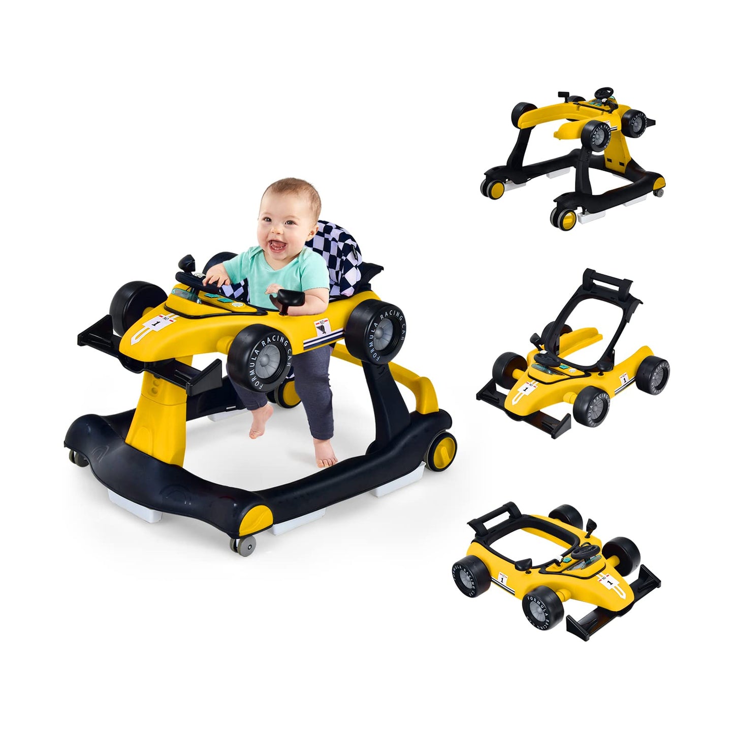COSTWAY 4 in 1 baby walker, foldable with adjustable height & speed, car-shaped design with music box, lights & wheels, suitable for babies from 6 months, can hold up to 12kg weight (yellow)