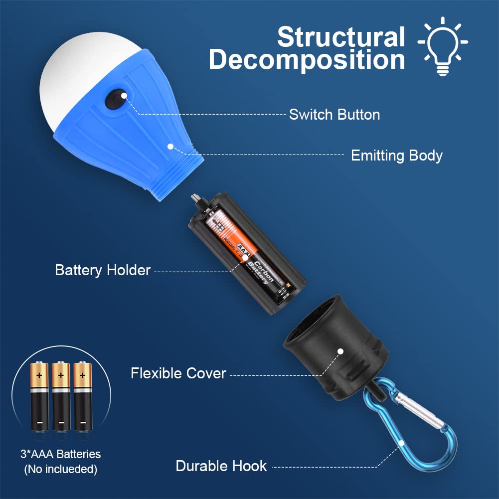 Flintronic 6 Pack Camping Lantern, LED Camping Light Bulb with Carabiner, Emergency Light, Waterproof Camping Lamp for Adventure, Fishing, Power Outage