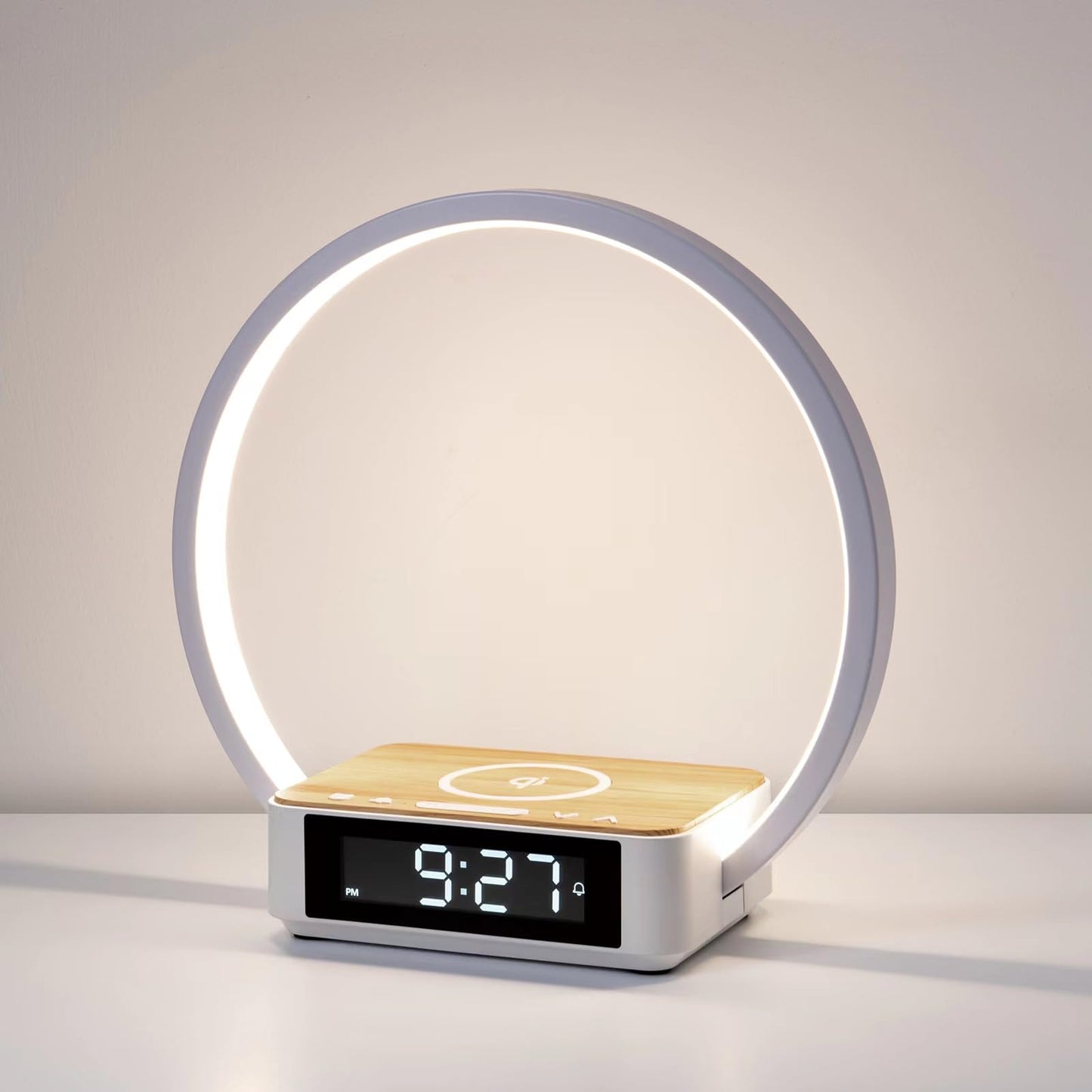 WILIT LED bedside lamp with charging function, light alarm clock with clock, bedside lamps touch dimmer bedroom with 3 brightness levels, 10W wireless charger, wood