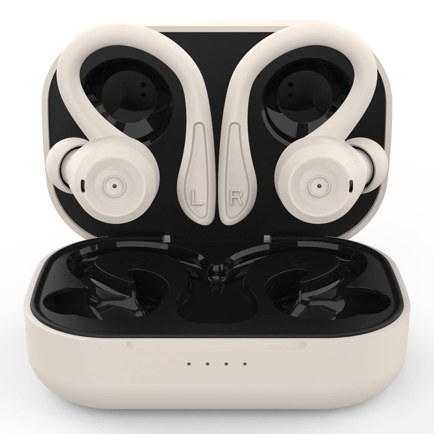 Bluetooth sport headphones in-ear, waterproof and sweatproof. Wireless with noise cancellation, microphone, and ear hooks for training, running, cycling. Compatible with iOS and Android, in beige color.