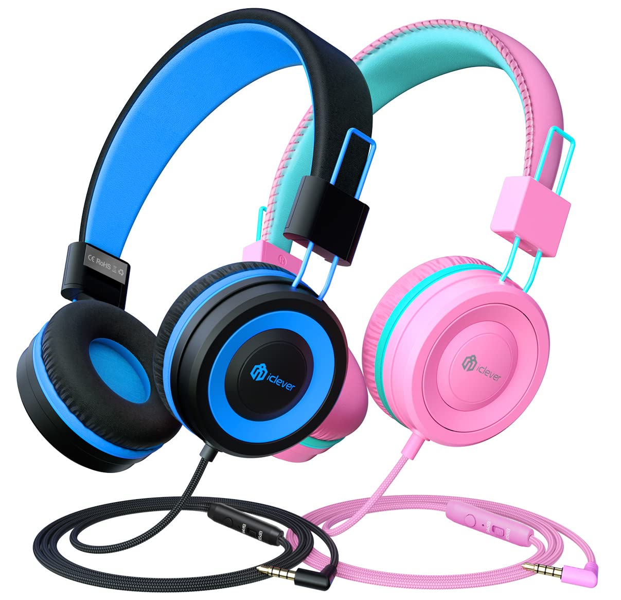 iClever Kids Headphones 2 Pack, Wired Headphones for Kids with MIC, Volume Control Adjustable Headband, Foldable On-Ear Headphones for School Plane