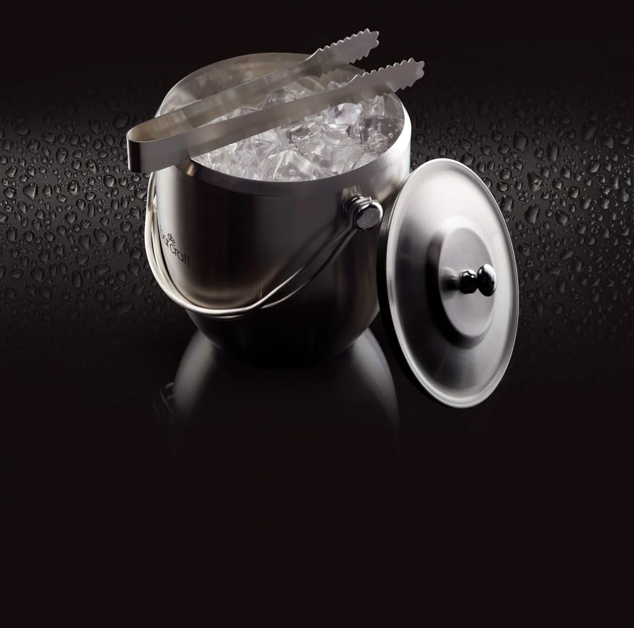 Bar Craft ice bucket with lid and ice tongs, polished stainless steel, handle, in gift box, 1.9 liter capacity, 12 x 17 x 22 cm
