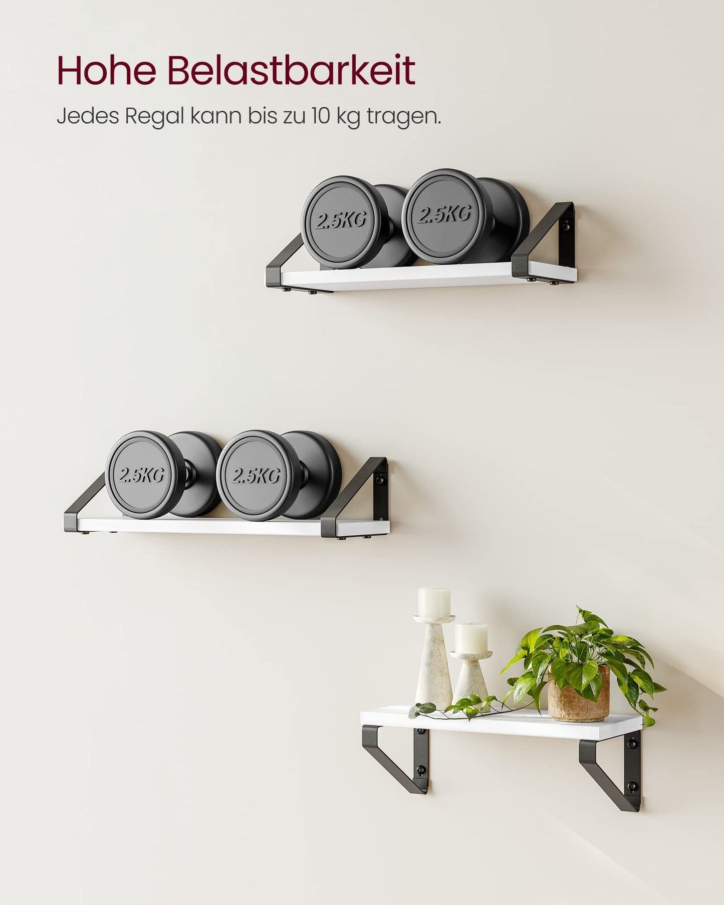 VASAGLE Wall Shelf, Floating Shelf, Set of 3, Shelf Board, 2 Mounting Options, 30/35/40 cm, for Living Room, Kitchen, Home Office, Bathroom, White-Matte Black LWS033B14