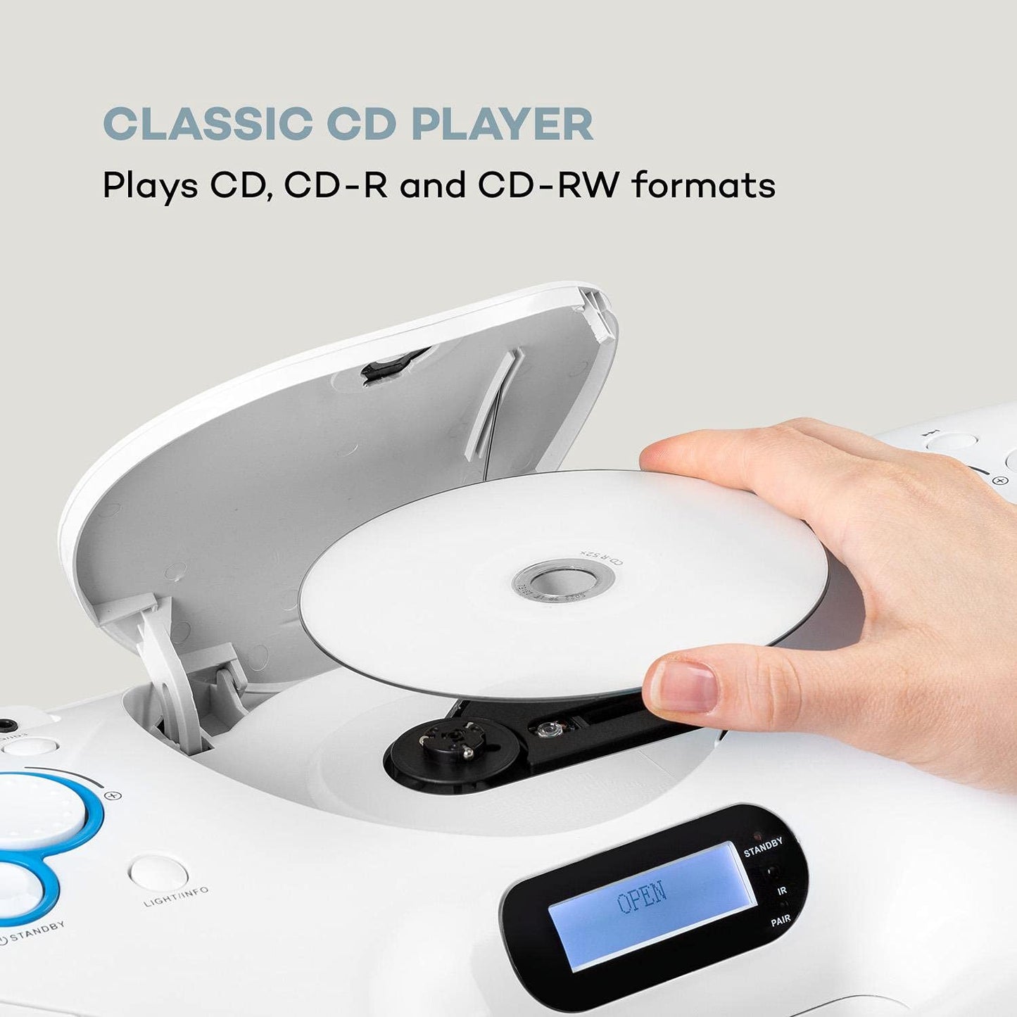 auna Spacewoofer DAB Boombox with CD player - portable speaker, music box, 40 watts, FM radio, DAB+, Bluetooth, USB, AUX IN, LED light effects, can be powered by mains or batteries, includes remote control, white