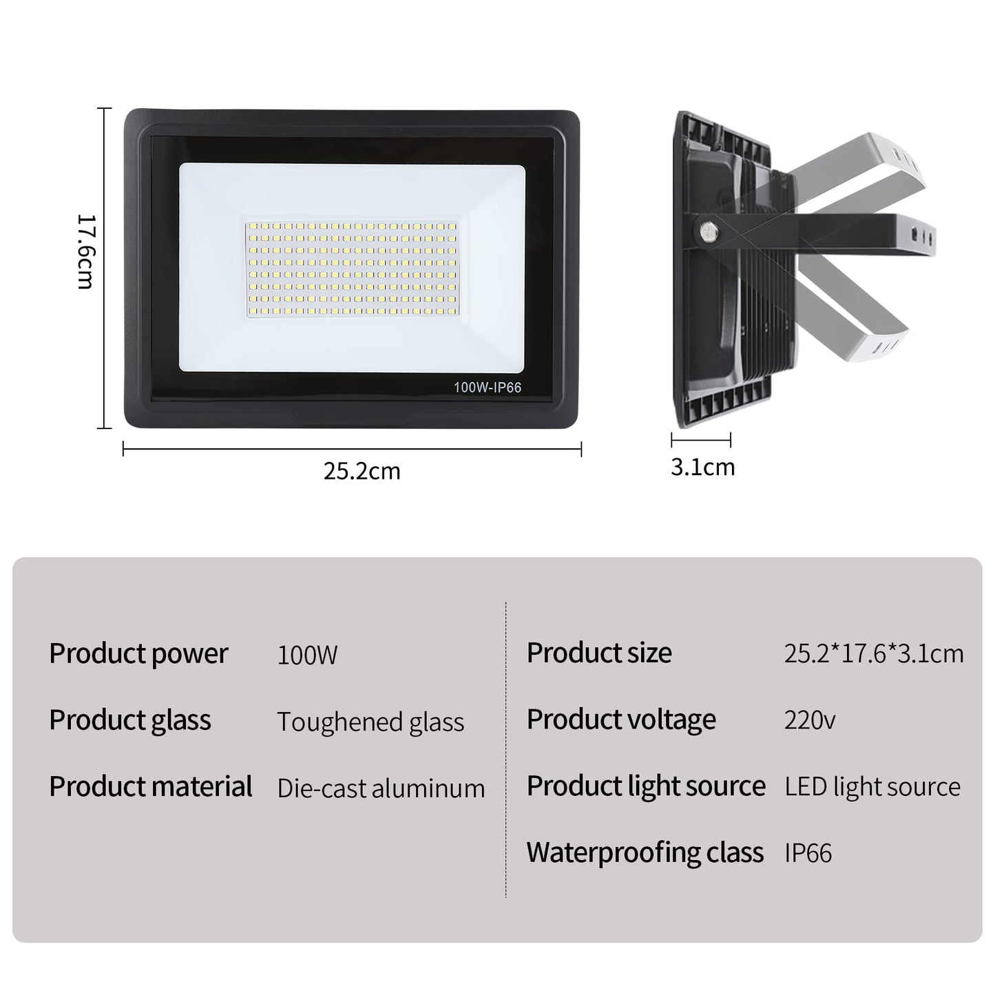 100W Floodlight: 6000K Cool White Super Bright 10000LM IP66 Waterproof LED spotlight for backyard/stadium/workshop outdoor lighting (4pcs, 100W)