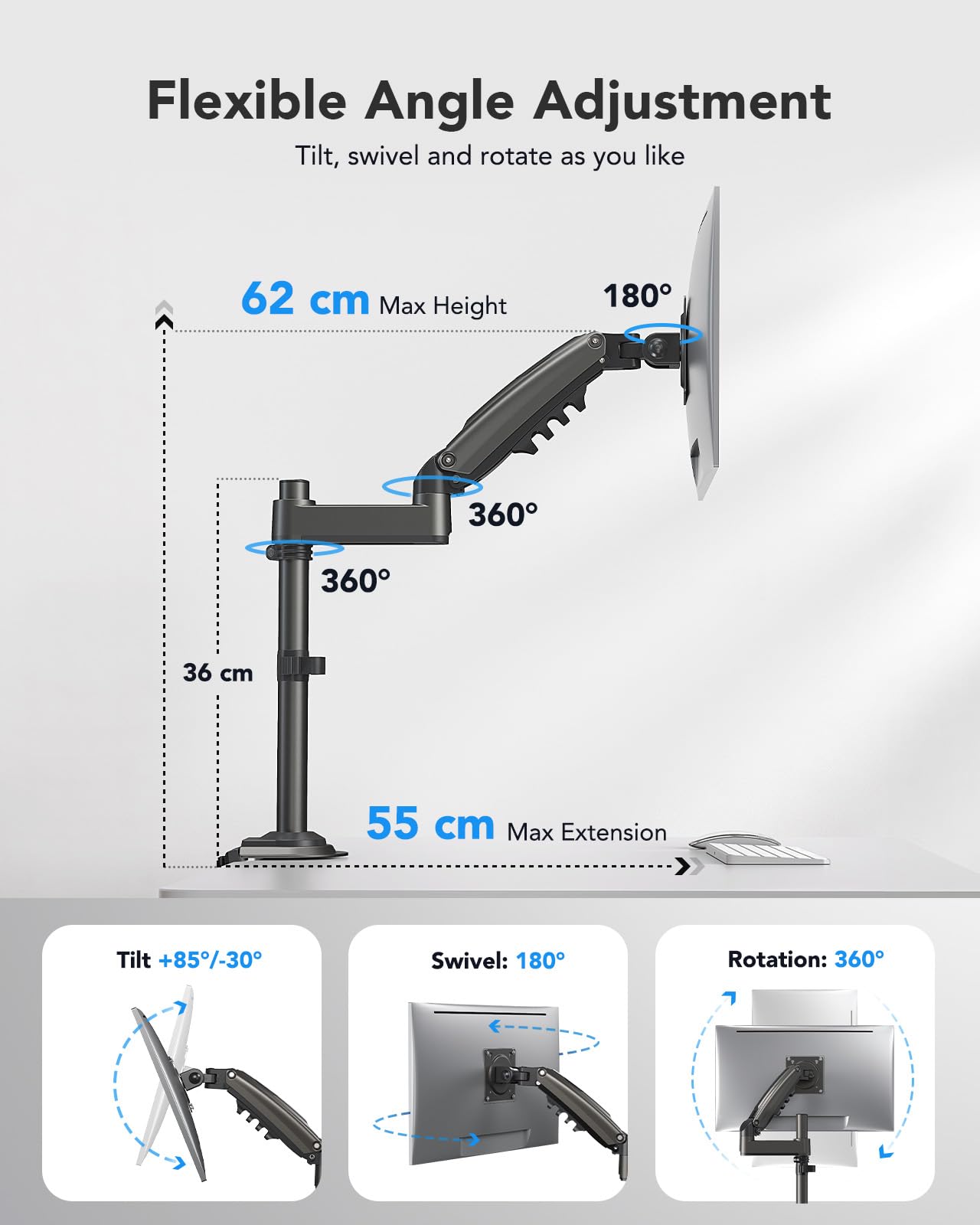 HUANUO 13-34 inch monitor mount for LCD LED screen holds 2-9 kg, gas spring monitor arm, single arm monitor stand VESA 75/100 mm, 360° rotation, 180° swivel