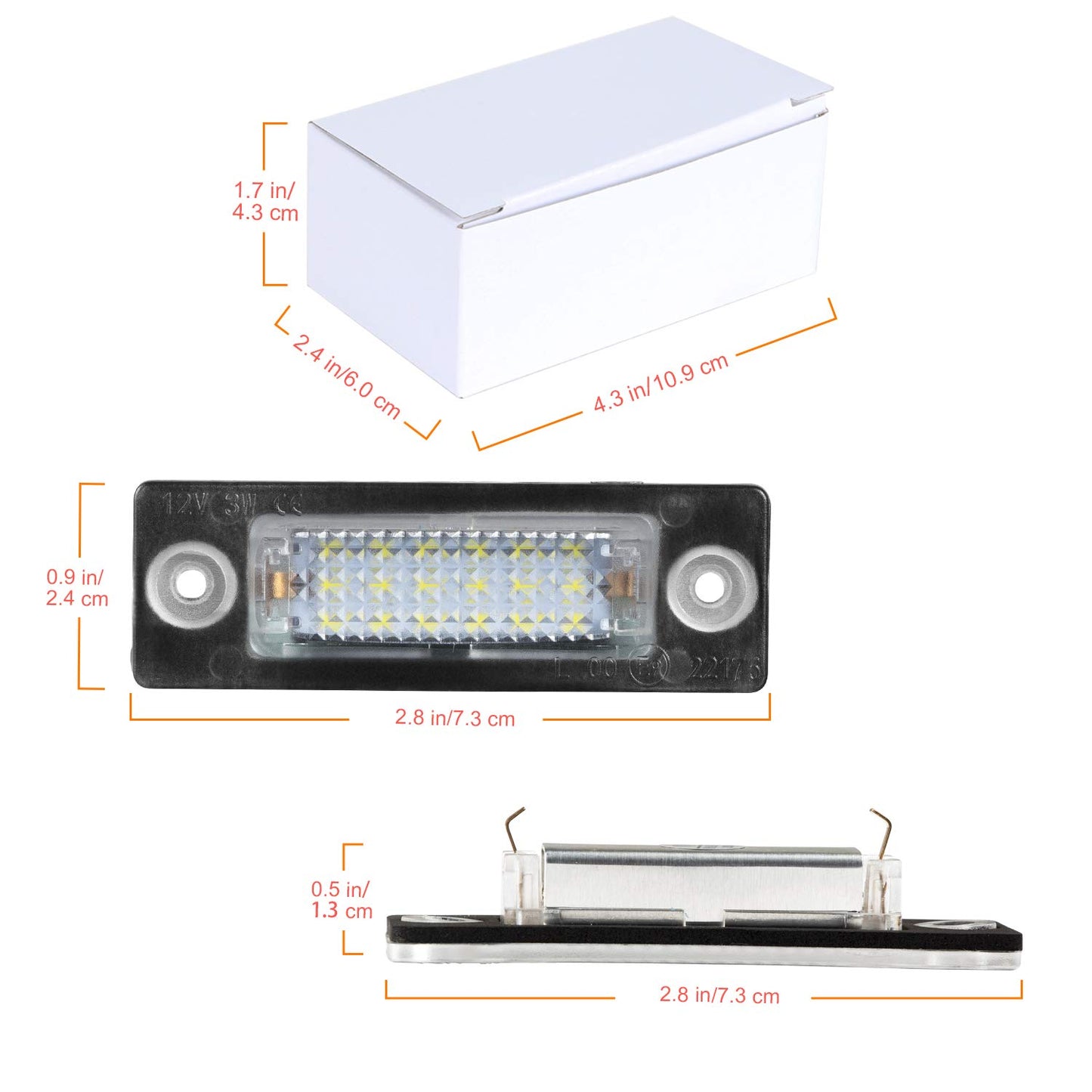 LED license plate lamp for VW Caddy 2K Golf Plus 5M1 Jetta 1K2 Passat Sedan 3bg Passat Variant 3C B6 T5 7H 7J Touran 1T1 1T2 1T3, CANBus license plate lighting, 2 pieces.
