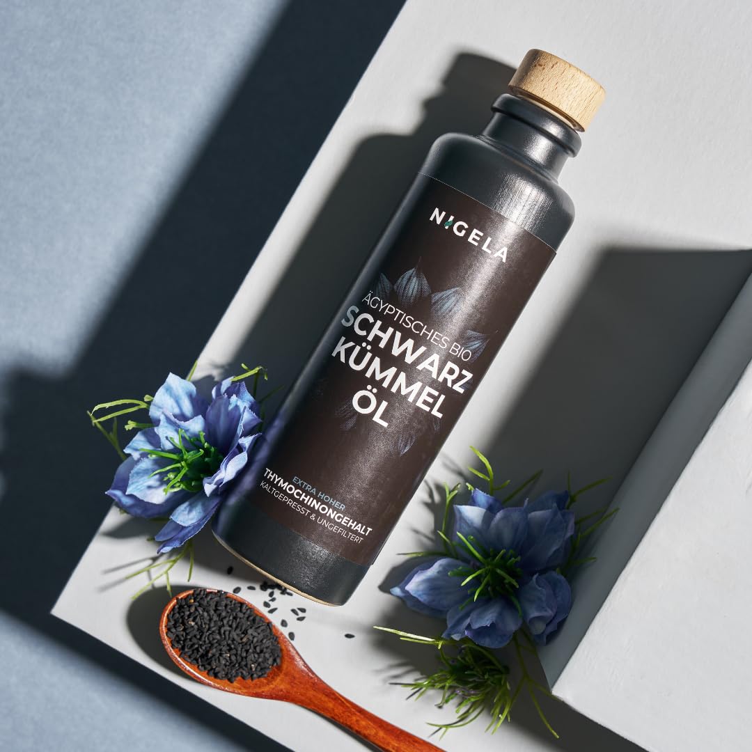 Nigela BIO black cumin oil unfiltered - Egyptian black cumin oil with high thymoquinone content - Made in Bavaria - Certified & laboratory tested Black Seed Oil - 200ml